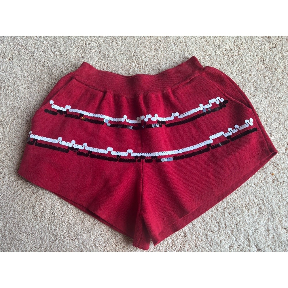 QUEEN OF SPARKLES Red, Black, And White Sequin Shorts Size XSmall